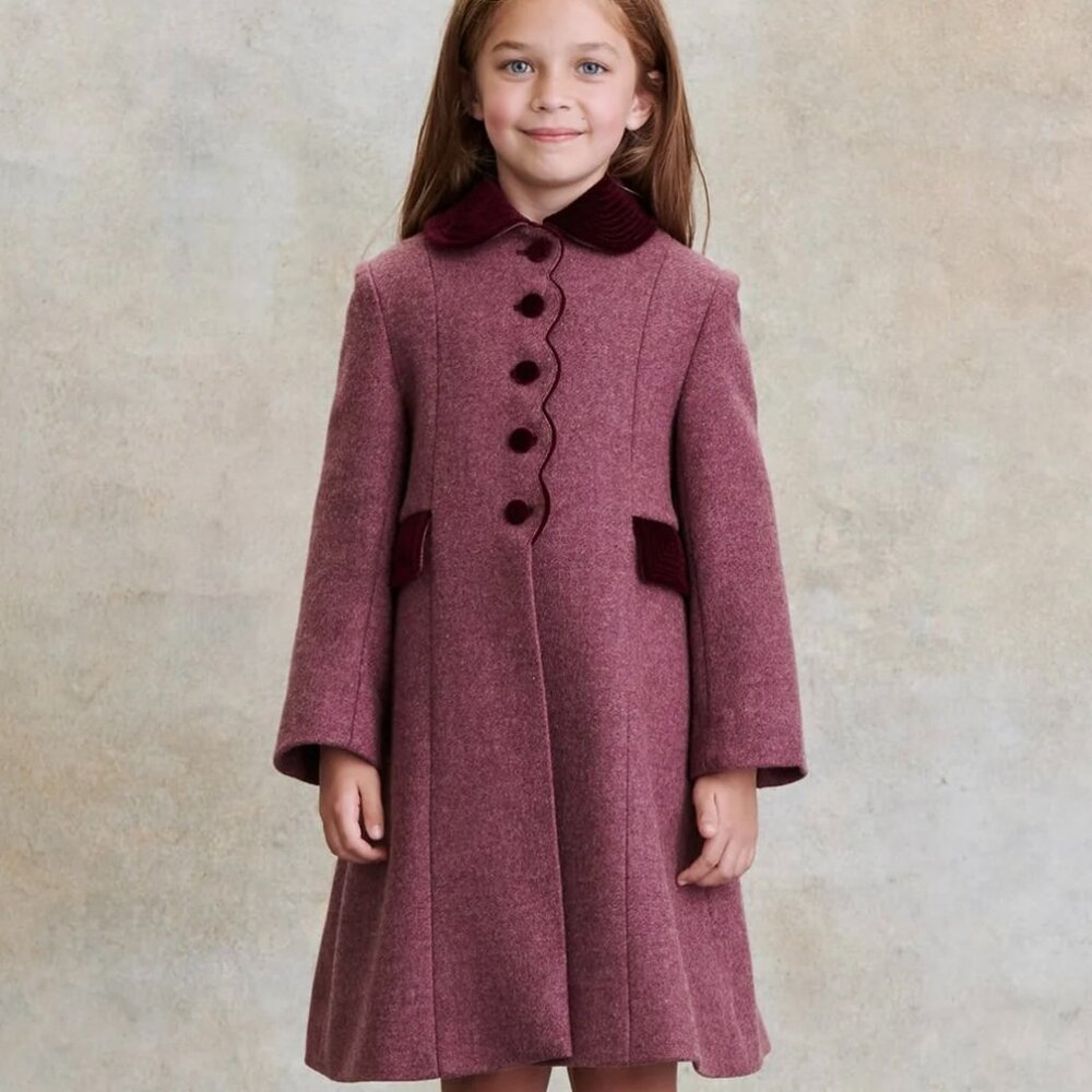La Coqueta, Burgundy Girl 100% Wool Coat, Size 6Y (6-7)